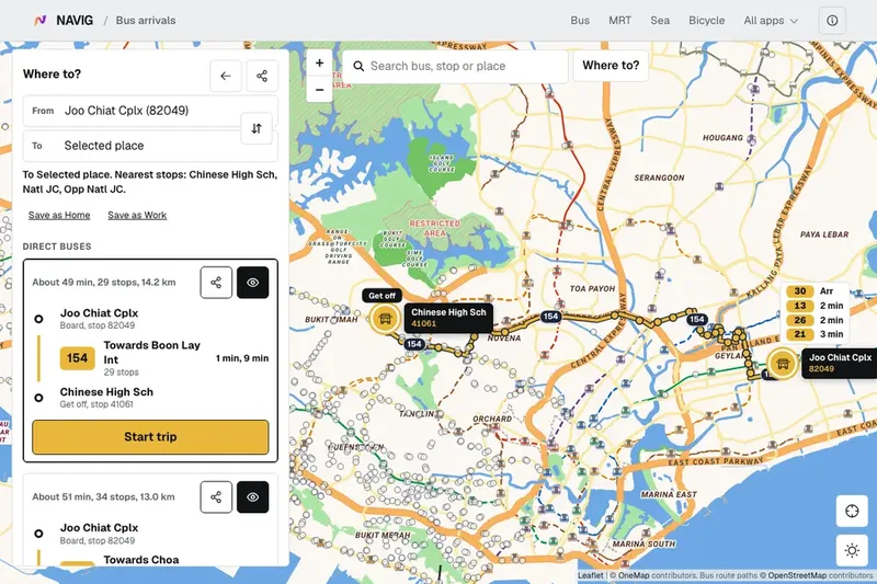 NAVIG bus route planner showing a direct bus 154 from Joo Chiat Cplx to Chinese High Sch with the time, stops and the route drawn on the map