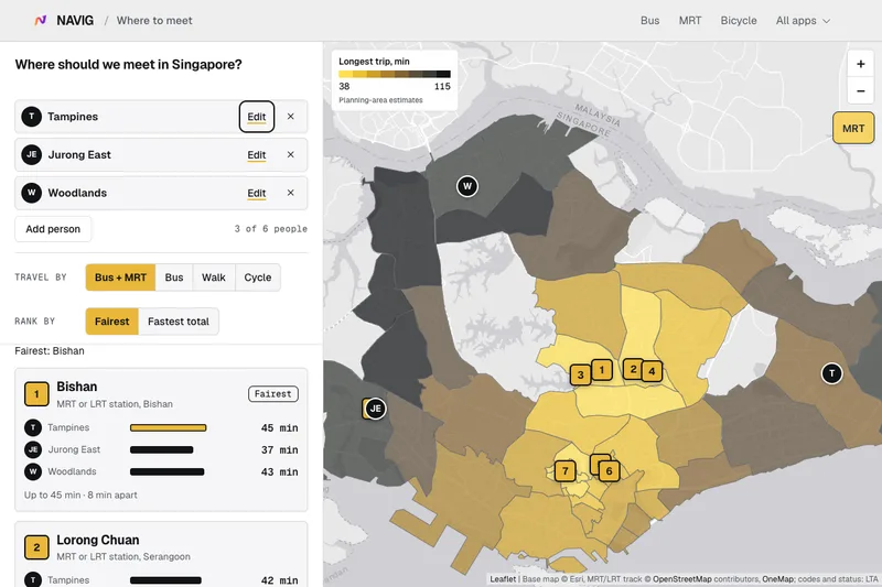 Where to meet showing estimated trip times from several starting places across Singapore