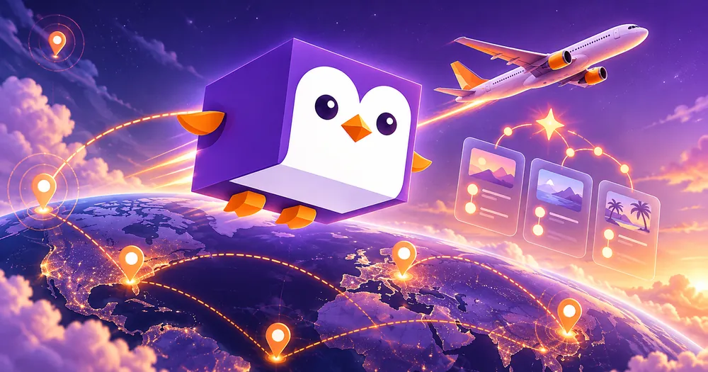 PingWing penguin mascot flying over a globe with flight routes and trip cards