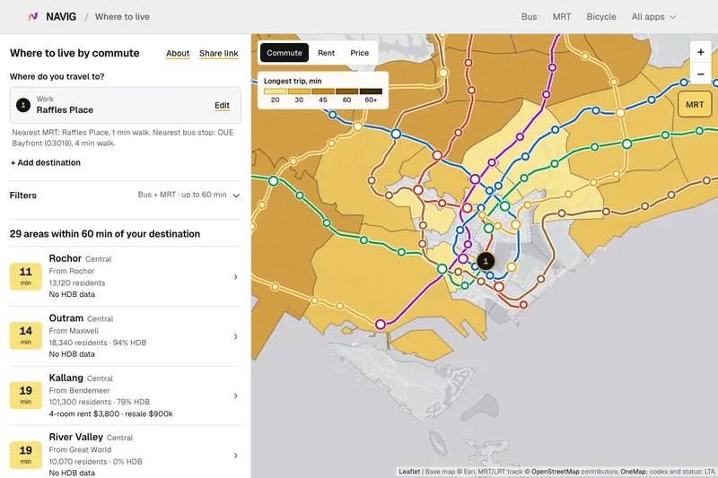 Where to live by commute showing Singapore planning areas shaded by estimated commute time